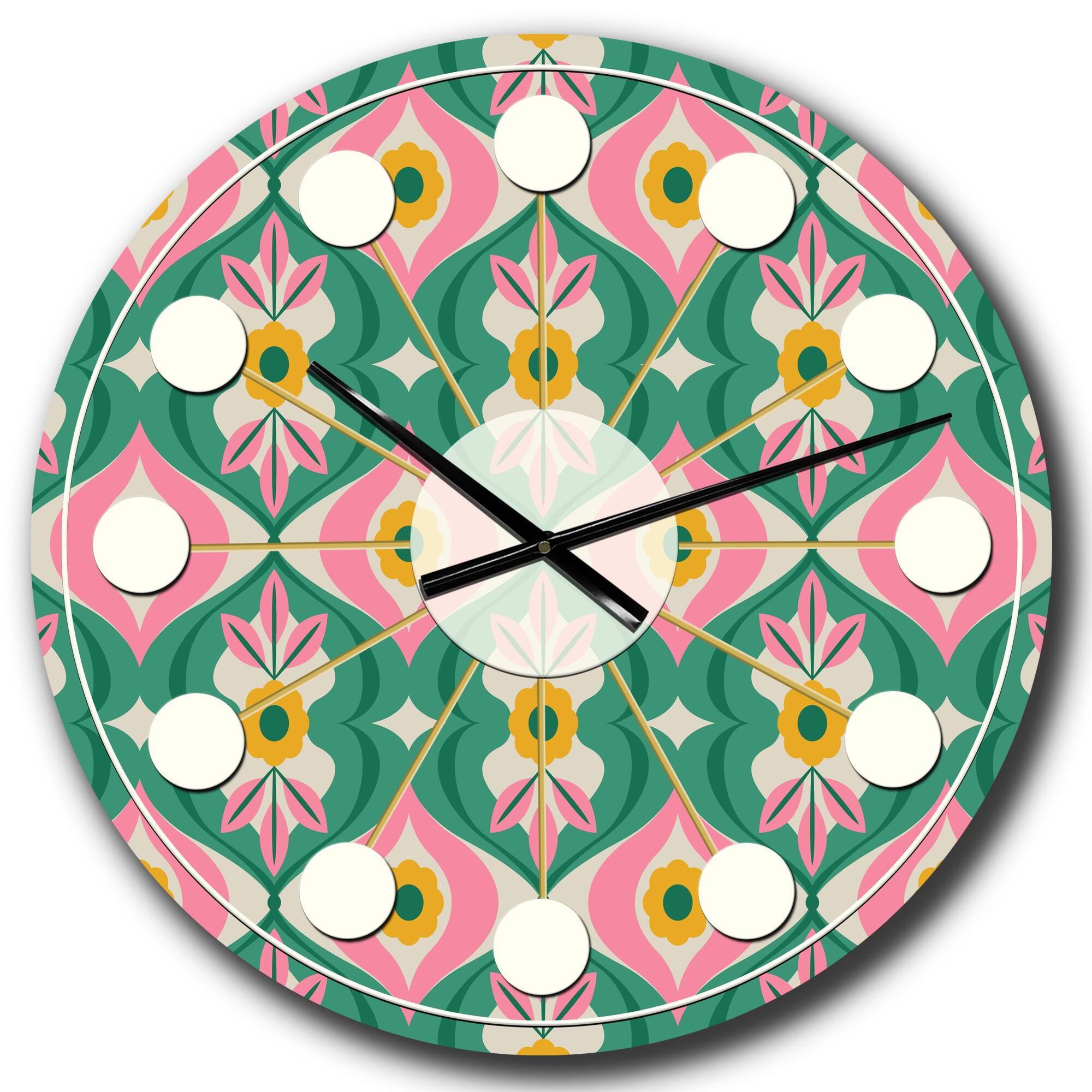 Designart 'Retro Pattern With Flowers And Leaves Mid-Century Modern Wall Clock